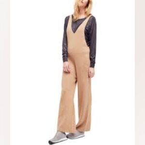 Free People Vneck Knit Ribbed Tan Jumpsuit